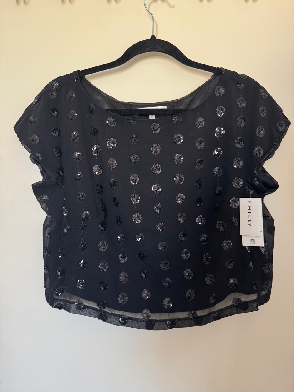 NWT Milly Black Sequin Polka Dot Scoop Neck Blouse Size 12 MSRP $270